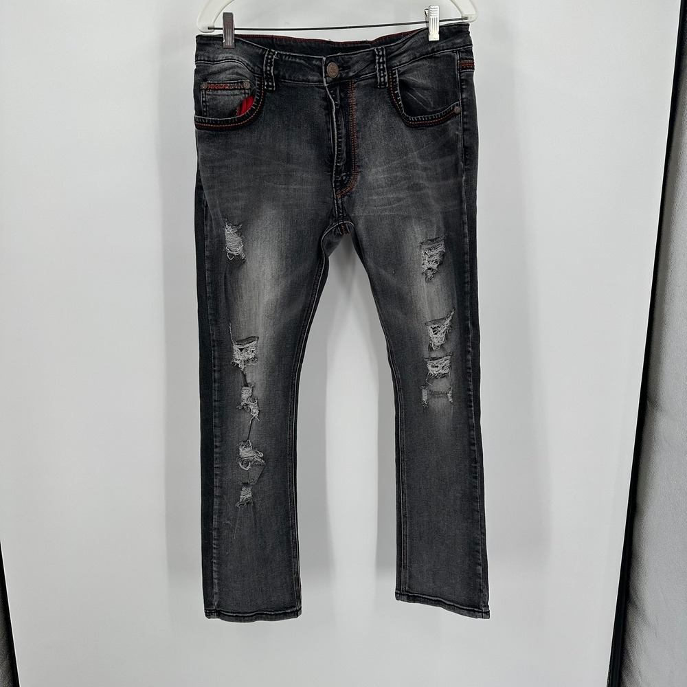 Centenario Mens 34x30 Distressed Black Jeans Orange Thick Stitch Straight‎ Leg